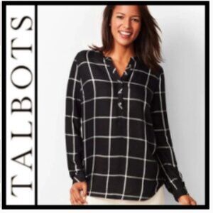 Talbots Top Women's Large‎ Black White Windowpane Classic Band-Collar Popover
